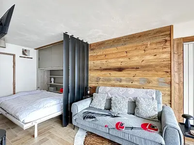 a living room with a couch and a bed at PLA233 - Studio neuf 4 pers centre village in Les Carroz d'Araches