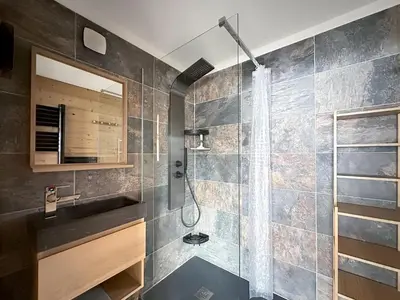 a bathroom with a shower and a sink at PLA233 - Studio neuf 4 pers centre village in Les Carroz d'Araches