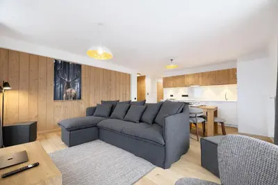 a living room with a couch and a kitchen at Les Sources de Canopee - Calme, Vue & Ski in Saint-Gervais-les-Bains