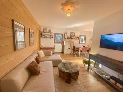 a living room with a couch and a flat screen tv at Contamines Montjoie appartement 2 chambres et cabine in Les Contamines-Montjoie