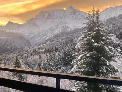 a snow covered christmas tree in front of a mountain at Odyssée des Cimes in Saint-Gervais-les-Bains
