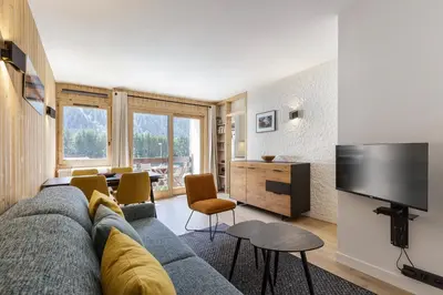 a living room with a couch and a tv at Hautes Aiguilles - Apart 2CH Vues Garage 5mn Grands Montets in Chamonix-Mont-Blanc