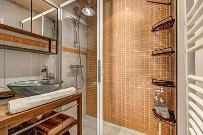 a bathroom with a shower and a sink at Namaste - Cosy 2CH Vue Remontee 500m Parking in Les Houches