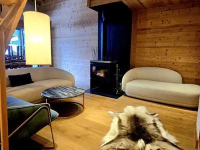 a living room with two couches and a fireplace at Charming duplex in Hameau des Pistes ski in ski out in Megève
