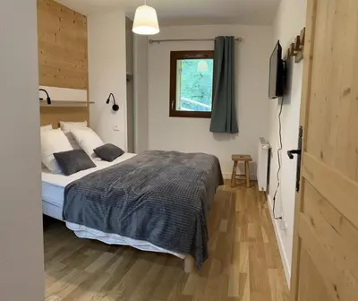 a bedroom with a bed and a television in it at Demi-chalet meublé de tourisme 4 étoiles in Samoëns