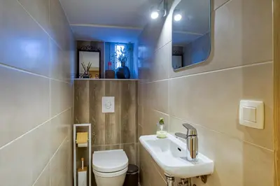 a bathroom with a toilet sink and a mirror at Lou Dava Chic Apt Near Centre Chamonix - Happy Rentals in Chamonix-Mont-Blanc