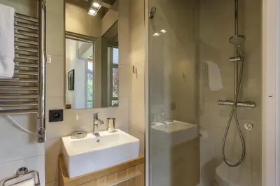 a bathroom with a sink and a shower at Meleze - Chalet 5CH Vues Jardin Lac Remontees 200m in Les Houches