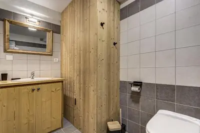 a bathroom with a wooden shower with a toilet and a sink at Mouilles - Apart 113m2 Jardin Calme Garage Bar Centre in Chamonix-Mont-Blanc