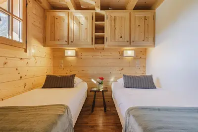 two beds in a room with wooden walls at Barrats Vert - Mazot Hypercentre 1km Nature Vues Calme in Chamonix-Mont-Blanc