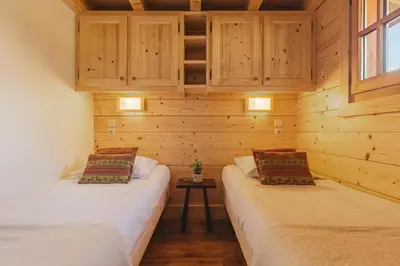 two beds in a room with wooden walls at Barrats Vert - Mazot Hypercentre 1km Nature Vues Calme in Chamonix-Mont-Blanc