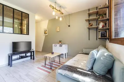 a living room with a couch and a television at Petit Balcon - Cosy 1CH Remontees 500m Vue Parking Calme in Les Houches