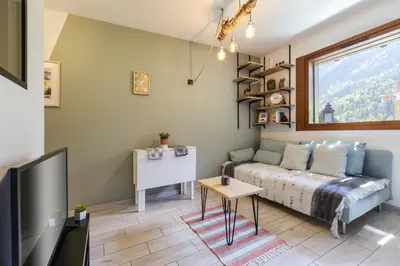 a living room with a couch and a tv at Petit Balcon - Cosy 1CH Remontees 500m Vue Parking Calme in Les Houches