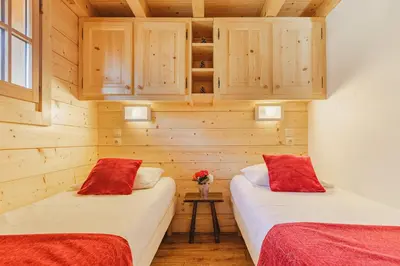 two beds in a room with wooden walls at Barrats Rouge - Mazot Hypercentre 1km Nature Vues Calme in Chamonix-Mont-Blanc