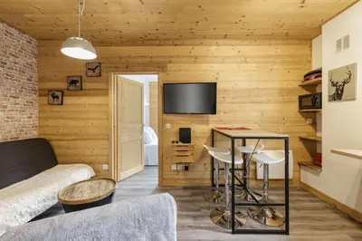 a living room with wooden walls and a table and chairs at Epicea - Cosy 1CH 35m2 Centre Parking Calme WIFI in Chamonix-Mont-Blanc