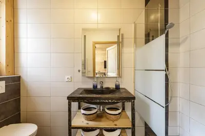 a small bathroom with a sink and a refrigerator at Epicea - Cosy 1CH 35m2 Centre Parking Calme WIFI in Chamonix-Mont-Blanc