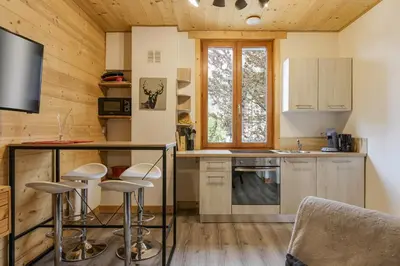 a kitchen with a counter and stools in a cabin at Epicea - Cosy 1CH 35m2 Centre Parking Calme WIFI in Chamonix-Mont-Blanc