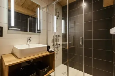 a bathroom with a sink and a shower at Vouvy - Moderne 4pax Remontee Flegere 5min Praz Arve in Chamonix-Mont-Blanc