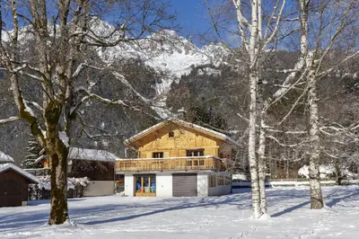 a wooden house in the snow with trees at Cyclamens - Cosy Chalet 500m Flegere Cheminee Vue Garage in Chamonix-Mont-Blanc
