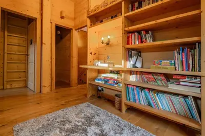 a room with wooden walls and shelves filled with books at Glaciers Chalet Cheminee Vue Confort Calme in Les Houches
