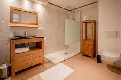 a bathroom with a shower and a sink and a toilet at Mummery - Central T2 Pied piste Vue Parking Terrasse in Chamonix-Mont-Blanc