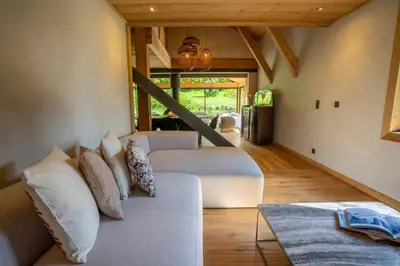 a living room with two couches in a room at Eden Chalet Spacieux Vues Jacuzzi Cheminee BBQ in Chamonix-Mont-Blanc