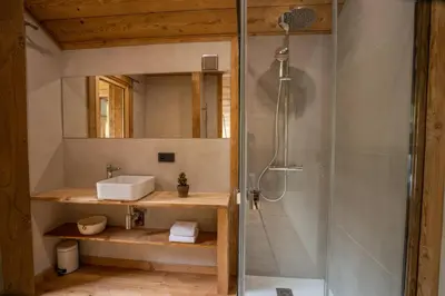 a bathroom with a shower and a sink and a mirror at Eden Chalet Spacieux Vues Jacuzzi Cheminee BBQ in Chamonix-Mont-Blanc