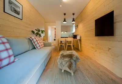 a living room with a couch and a table at Sapi Cocon 4pax Centre Jardin Remontees TV Wifi in Chamonix-Mont-Blanc