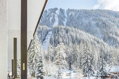 a view of a mountain with snow covered trees at Argentero Cosy Duplex Pied Pistes Vue Grands Montets in Chamonix-Mont-Blanc