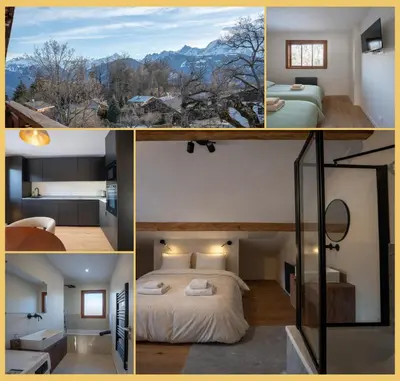 a collage of four pictures of a hotel room at Le Balcon du Mont-BIanc I Duplex I Combloux in Combloux