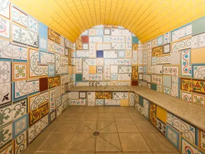 a room with colorful tiles on the walls at Apartment in Chamonix mit geräumigem Balkon und weitem Blick by Interhome in Chamonix-Mont-Blanc