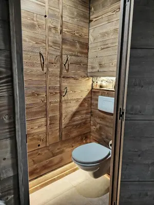 a bathroom with a toilet and wooden walls at La Tanière des Cimes Sauna privé in Passy