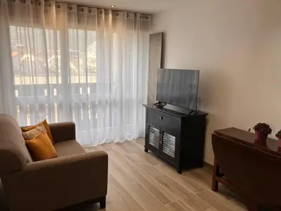 a living room with a couch and a flat screen tv at Calm & Cozy Apartment with Parking in Sallanches in Sallanches
