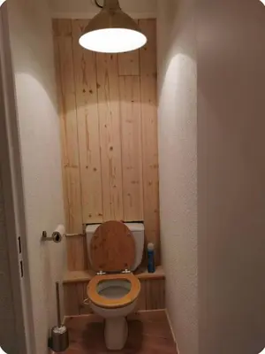 a bathroom with a toilet with a wooden wall at Jonquille 5 personnes in Chamonix-Mont-Blanc