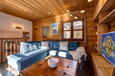 a living room with a blue couch and a wooden wall at Tiny Chalet - near to Servoz train station in Les Houches