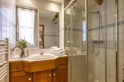 a bathroom with a sink and a shower at Moulin - Ultra Central T2 - Vue Mt Blanc - Quartier Vivant in Chamonix-Mont-Blanc
