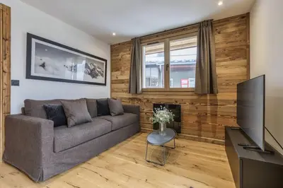 a living room with a couch and a television at Jacaranda3 Sublime 6pax Vue MtBlanc Central Parking in Chamonix-Mont-Blanc