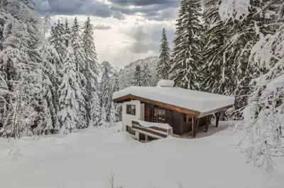 a cabin in the snow in a snowy forest at La Loriaz Chalet 7pax Nature Le Planet 5mn Argentiere in Chamonix-Mont-Blanc