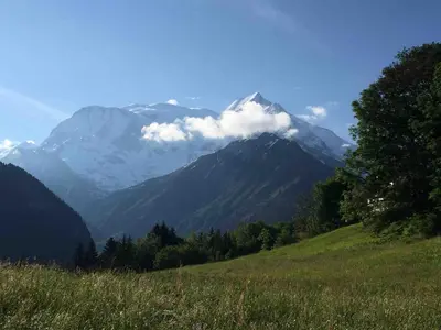 a mountain in the distance with a field and trees at La CHACUNIERE GRAND CHALET ST NICOLAS DE VEROCE, PRES DES PISTES in La Chapelle