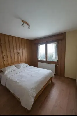 a bedroom with a large bed with a window at Chez Math et Lolo in Sallanches
