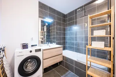 a bathroom with a washing machine and a sink at Capucines des Alpes - Au pied du Mont Blanc in Saint-Gervais-les-Bains