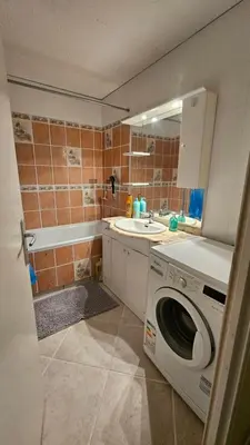 a bathroom with a washing machine and a sink at Ecrin du Mont-Blanc - Duplex Panoramique in Sallanches