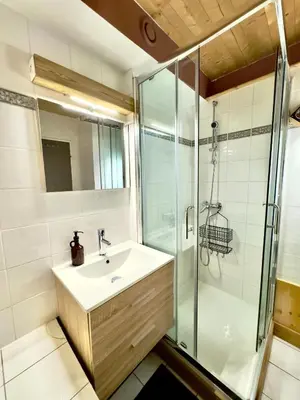 a bathroom with a sink and a shower at Chamonix studio vue Montblanc et parking in Chamonix-Mont-Blanc