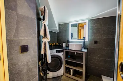 a bathroom with a washing machine and a sink at Alpine Mood - Proche des pistes et Centre ville in Megève