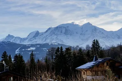 a house with snow covered mountains in the background at Chalet Panorama in Combloux