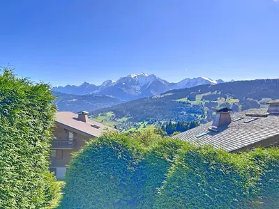 a view of a house with mountains in the background at Appartement 2 pièces avec coin montagne, parking, vue Mont Blanc - FR-1-560-167 in Combloux