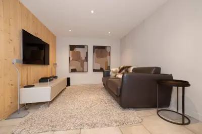 a living room with a couch and a tv at Folettes Chalet 4CH Jardin Vue Cheminee Jacuzzi in Chamonix-Mont-Blanc
