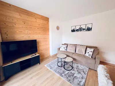 a living room with a couch and a flat screen tv at L'écrin des quatre horizons in Saint-Gervais-les-Bains