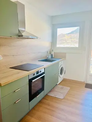 a kitchen with a sink and a washing machine at L'écrin des quatre horizons in Saint-Gervais-les-Bains