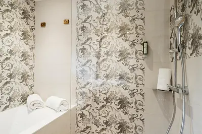 a bathroom with a shower with a wallpaper at Appartement JASIONE-MEGEVE in Megève