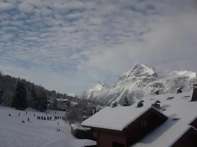 a ski slope with a mountain in the background with snow at 2 Pièces Cabine près des Pistes avec Parking Inclus - FR-1-572-352 in Arâches-la-Frasse